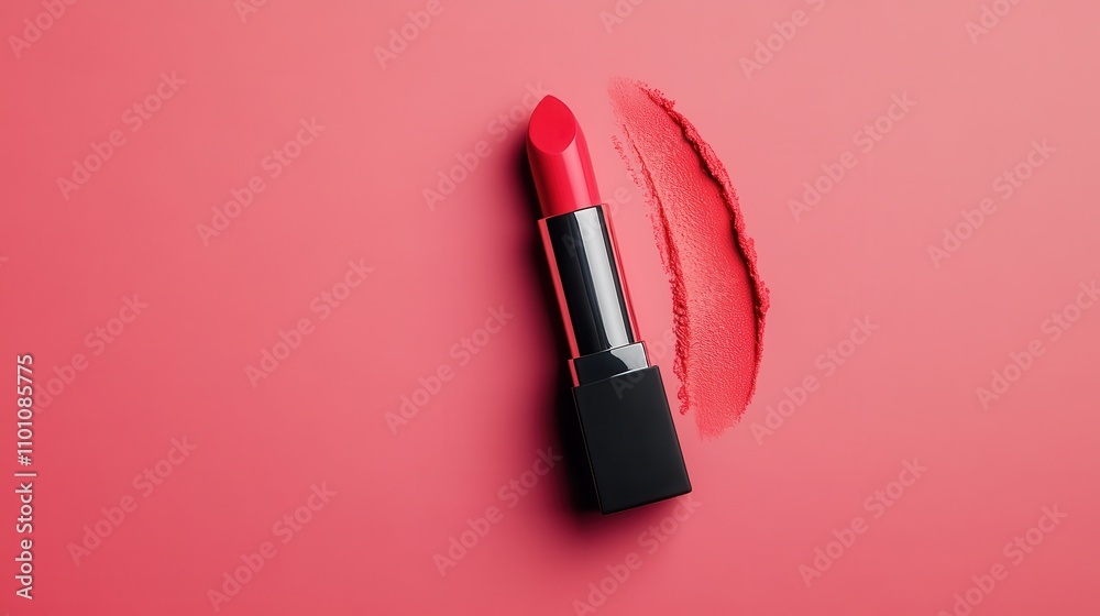 Obraz premium Coral Lipstick with Matching Swipe on Pink Background