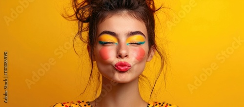 Vibrant portrait of a playful girl with colorful makeup winking against a bright yellow backdrop in a fun and flirty manner.