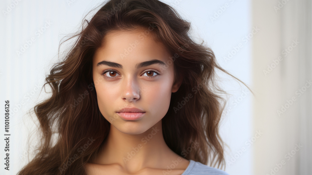 Portrait of smiling latin american teenage girl on white background.