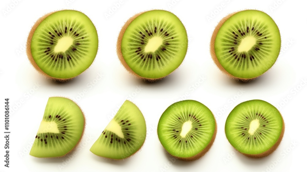 Fototapeta premium Kiwi fruit assortment featuring whole fruits and fresh sliced pieces arranged on a clean white background for culinary presentations.
