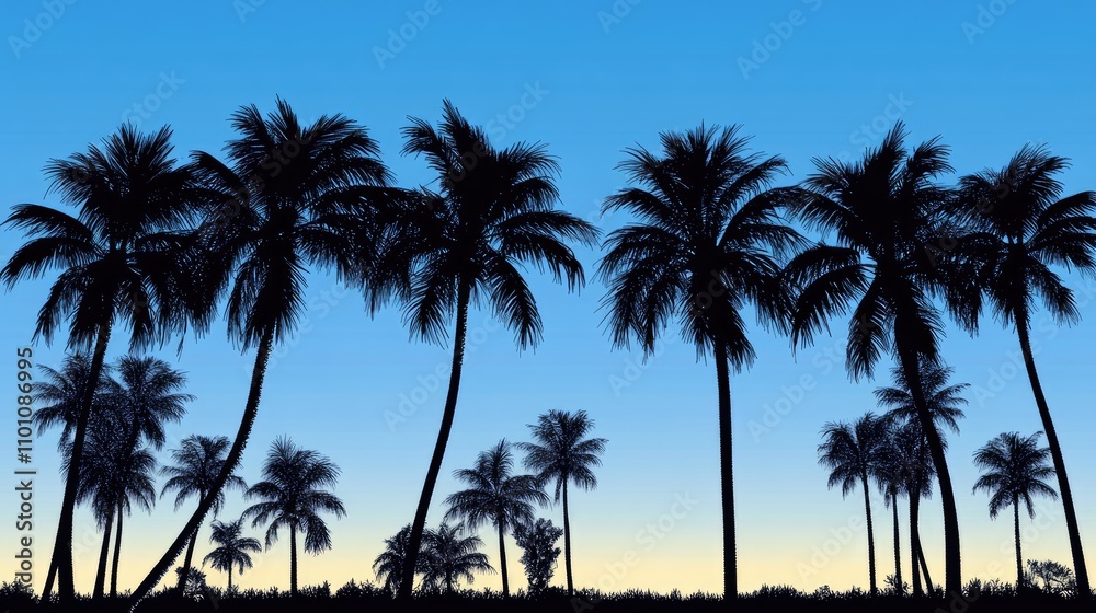 Obraz premium Silhouetted palm trees against a gradient sky transitioning from blue to light yellow at dusk, viewed from a low angle perspective.