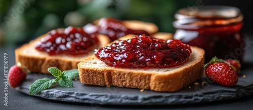 Heart shaped jam spread on slices of white bread garnished with fresh strawberries and mint leaves on a rustic slate plate. photo