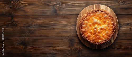 Epiphany cake on wooden surface with panoramic perspective and empty space for text in top view composition photo