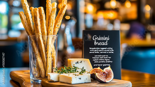 Grissini breadsticks topped with garlic and herbs, served in a tall glass next to a platter of Italian cheeses, figs, and honey photo