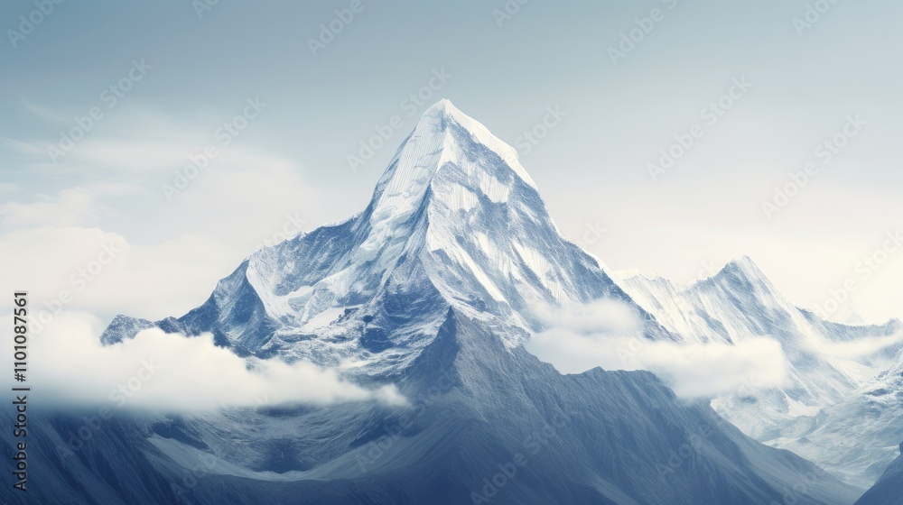 Obraz premium Majestic Himalayan peak under a serene white sky showcasing nature's beauty and tranquility with rugged terrain and soft clouds.