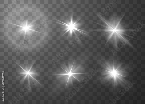 White sunlight glare radiance effect with blur vector set, light beam flare, dazzling flash, bright rays starlight burst