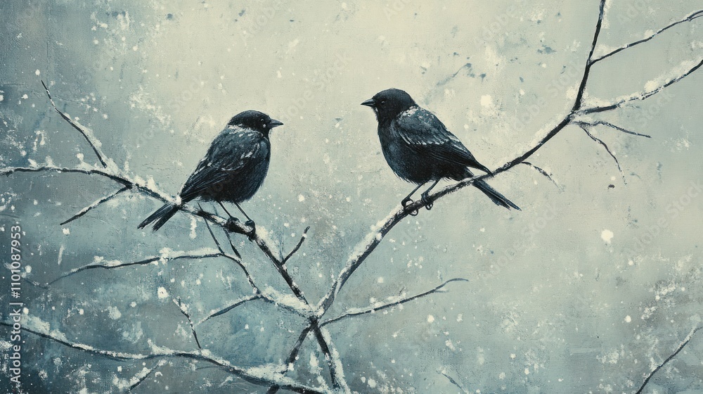 Obraz premium Two Dark Birds Perched On Winter Branches In The Snow