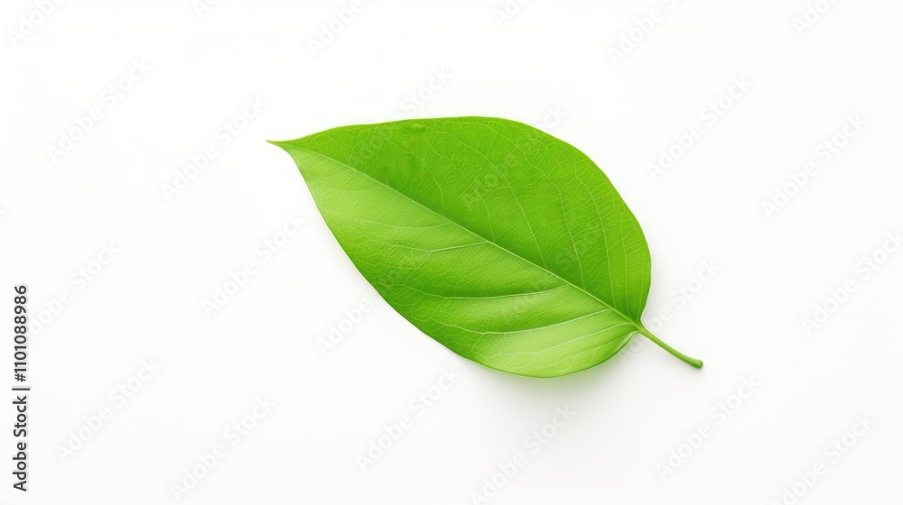 Obraz premium Vibrant green leaf isolated on a clean white background showcasing nature's simplicity and elegance for eco-friendly concepts.
