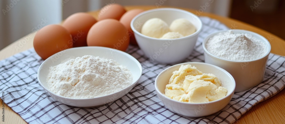 Ingredients for Christmas cookie baking with eggs, flour, butter, and dough on a checkered cloth in a cozy kitchen setting Ingredients for Christmas cookie baking with eggs, flour, butter, and dough on a checkered cloth in a cozy kitchen setting