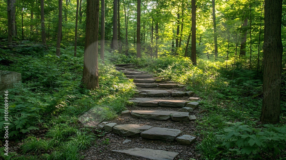 Obraz premium Sunlit stone staircase winding through a lush green forest. Generative ai