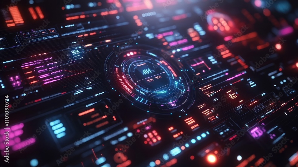 Obraz premium Abstract futuristic digital interface with glowing red and blue elements.