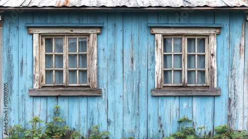 Rustic blue wooden village house with two vintage windows surrounded by greenery against a white background