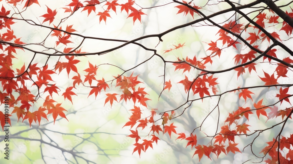 Vibrant red maple leaves on branches against a soft blurred background in springtime ambiance Vibrant red maple leaves on branches against a soft blurred background in springtime ambiance