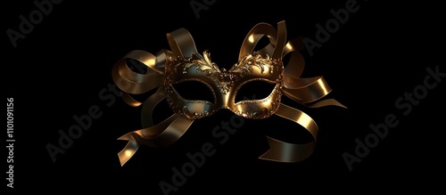 Elegant gold carnival mask with intricate design and flowing golden ribbons on a sleek black background showcasing festive allure. photo