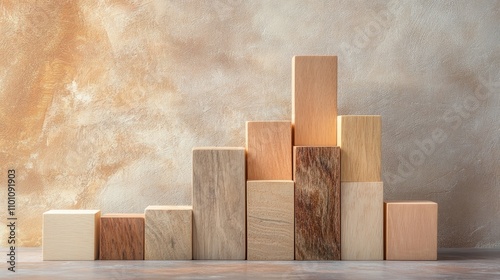 Bar graph constructed from various wooden blocks showcasing growth against a soft neutral background, highlighting texture and natural wood tones.