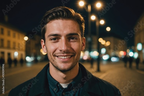 Close portrait of a smiling young Saint Vincentian man looking at the camera, Saint Vincentian city outdoors at night blurred background photo