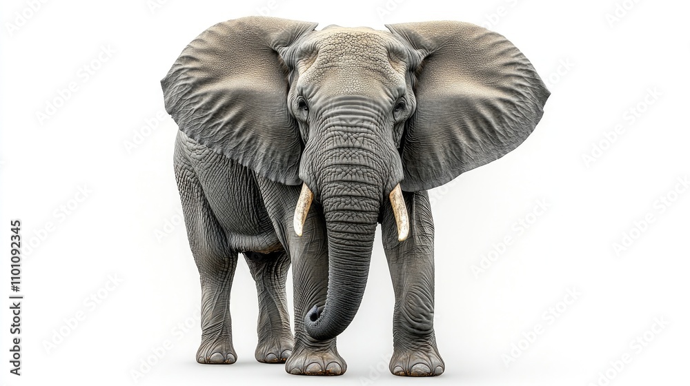 Fototapeta premium Realistic elephant standing against a plain white background showcasing detailed textures and features of this majestic animal.