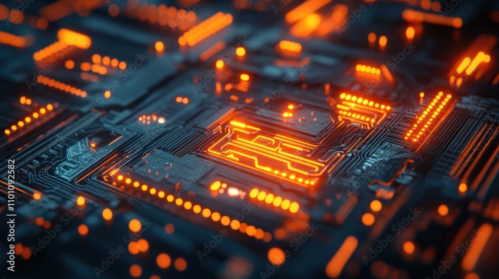Obraz premium Close-up of a glowing orange circuit board with intricate pathways.