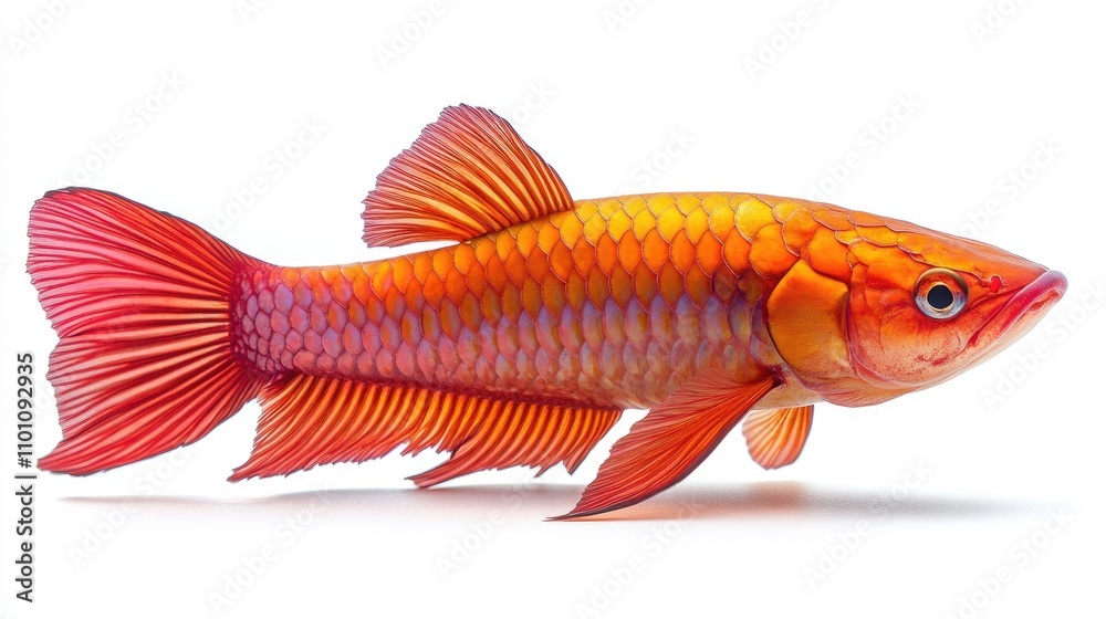 Fototapeta premium Vibrant red arowana fish gracefully displayed against a clean white background showcasing its colorful scales and fins