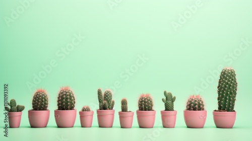 Charming collection of small green cacti in pink pots on a soft pastel green background ideal for home decor and botanical themes photo