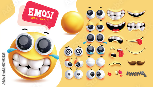 Emoji creation kit clipart 3d character set. Emoji editable face with eyes and mouth in relief, angry and funny expression in abstract background. Vector illustration creation kit emoticon collection.