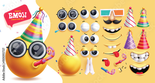 Emoji birthday creation kit clipart character set. Birthday party 3d emoji in happy, cool, enjoy, begging editable face with eyes, mouth, party hats and sunglasses graphic elements. Vector 