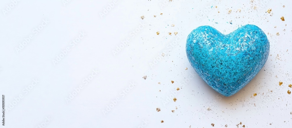 Obraz premium Blue heart decoration on white background sparkling confetti for special occasions overhead view with ample copy space for design purposes