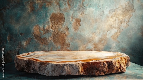 Petrified wood and agate stone podium against a textured teal and gold backdrop ideal for showcasing cosmetic products. photo