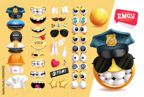 Emoji police clipart creation kit character set. Profession emoji 3d editable face with hats, mouth, mustache, sunglasses, hands, heart, stars and eyes graphic design elements. Vector illustration 