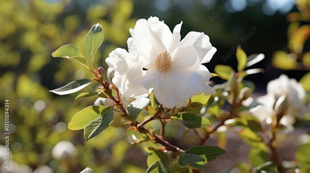 Close-up of a beautiful white flower blooming on a cotton plant surrounded by lush green foliage on a bright sunny day Close-up of a beautiful white flower blooming on a cotton plant surrounded by lush green foliage on a bright sunny day
