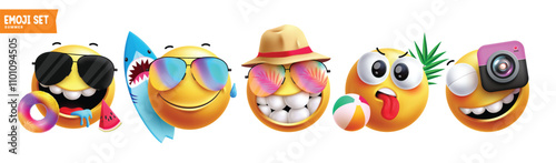 Summer emoji clipart characters set. Emojis character wearing sunglasses, hat, beach elements with facial expressions for holiday season. Vector illustration summer emoticons clip art collection.
