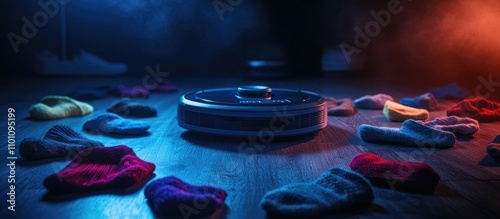 Robot vacuum cleaner amidst scattered colorful socks on the floor showcasing modern domestic cleaning and clutter management technology photo