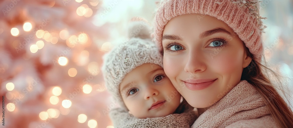 Joyful mother and child embracing beside a pink Christmas tree celebrating the holiday spirit in a cozy winter setting Joyful mother and child embracing beside a pink Christmas tree celebrating the holiday spirit in a cozy winter setting