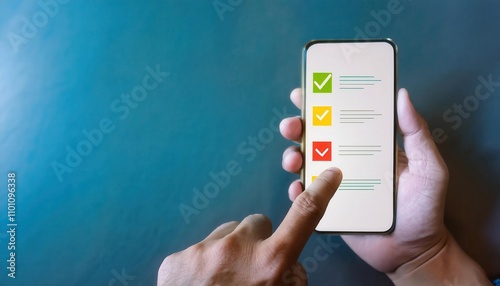 A person checking tasks on a smartphone with a green checklist. photo