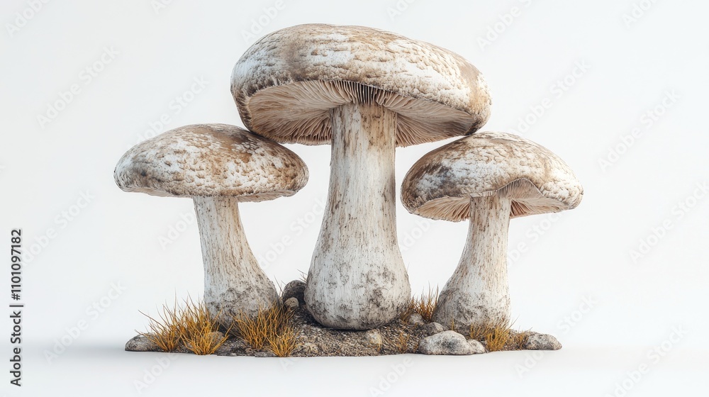 Realistic champignon mushrooms grouped on a textured surface with grass isolated on a white background for culinary or botanical themes. Realistic champignon mushrooms grouped on a textured surface with grass isolated on a white background for culinary or botanical themes.