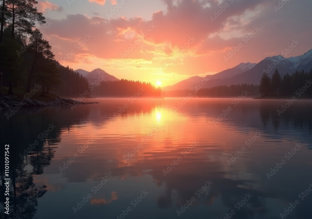 Fototapeta premium Sunset over serene lake surrounded by mountains and trees in peaceful nature setting