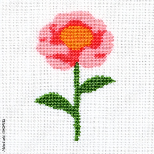 A beautifully crafted embroidered pink flower with a yellow center on a white background, suitable for designs related to gardening, crafts, or floral themes in invitations and home decor, photo