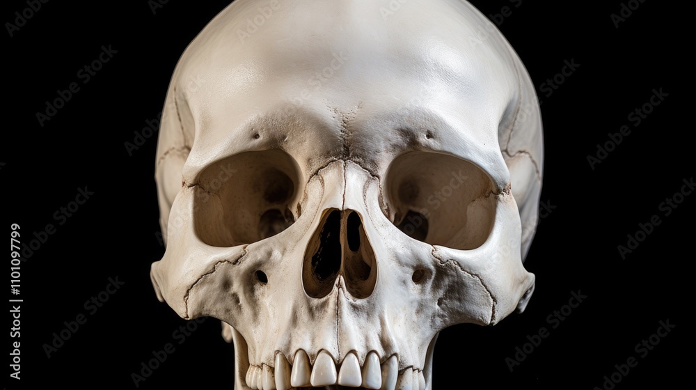 Obraz premium Detailed human skull isolated on a black background showcasing realistic anatomical features and perspective view for educational purposes.