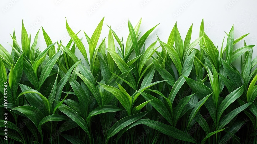 Fototapeta premium Lush green grass blades arranged aesthetically on a neutral background showcasing vibrant nature and freshness in design.