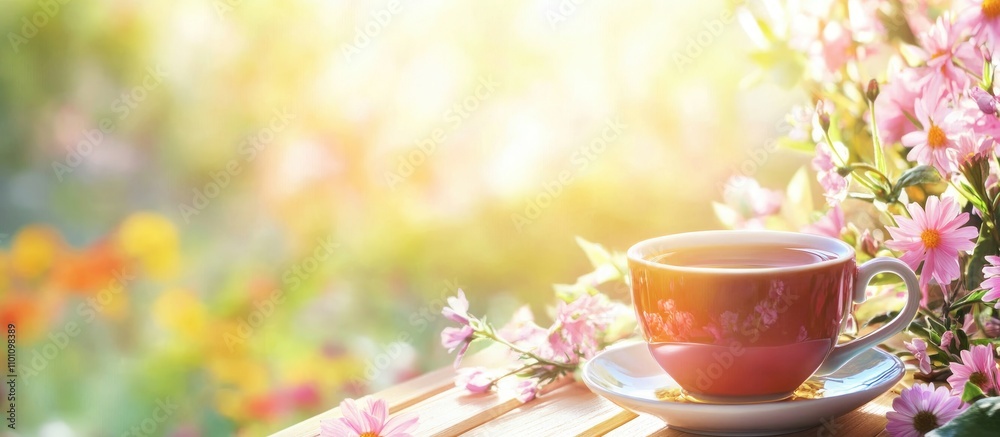 Charming home setting with a vibrant cup of tea and blooming flowers amid a softly blurred garden background Charming home setting with a vibrant cup of tea and blooming flowers amid a softly blurred garden background