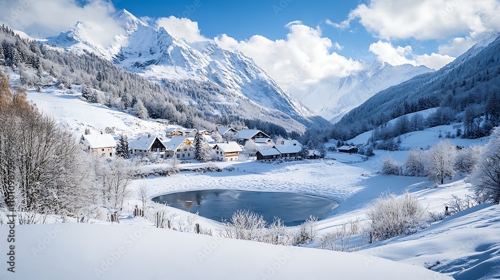 Fototapeta premium A snowy village nestled in a mountain valley, with snow-capped peaks in the distance and a small frozen pond at the village’s edge 