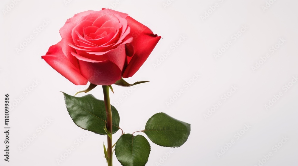 Fototapeta premium Elegant single rose with vibrant petals and lush green leaves against a plain white background showcasing timeless beauty and simplicity.