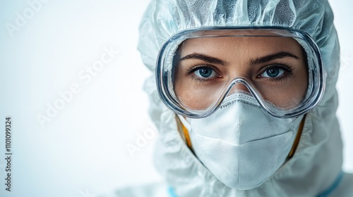 Woman in protective clothing and goggles against a white background displaying determination and safety in healthcare and laboratory settings photo