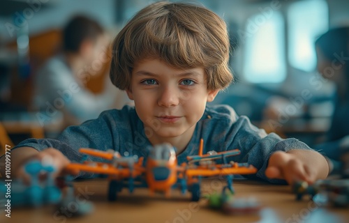 A young schoolboy assembles an aeroplane robot toy during class. photo