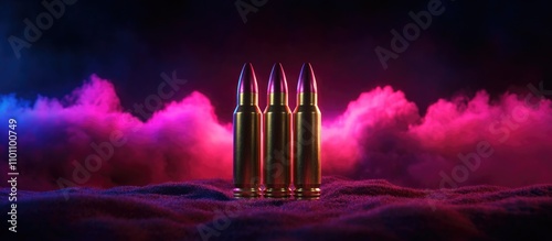 Ammunition cartridges displayed creatively with dramatic lighting showcasing the interplay of design and military concepts in a vibrant setting
