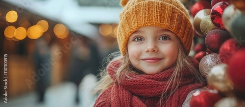 Joyful girl wearing a knit hat and scarf smiling during festive season shopping surrounded by colorful holiday decorations photo