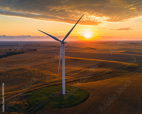 A solitary windmill at sunset in the countryside, surrounded by expansive fields and under a sky painted with warm, fading light. photo