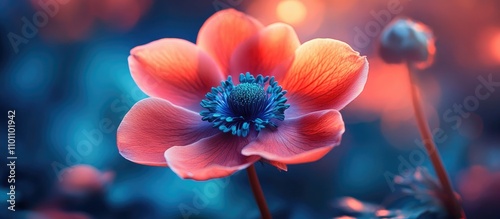 Vibrant anemone flower in soft focus showcasing delicate petals and striking colors against a dreamy blurred background.