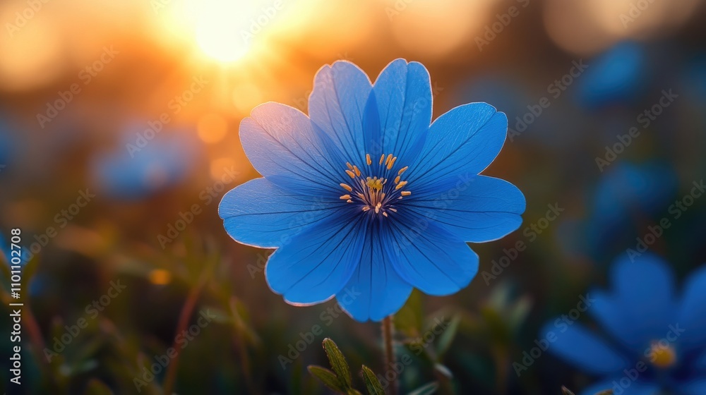 Fototapeta premium Vibrant blue wildflower blooming in lush green grass during a stunning sunset with a warm golden glow in the background.