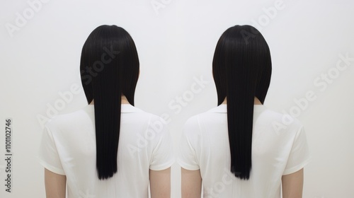 Identical women viewed from front and back on a minimalist white background showcasing symmetry and simplicity in design photo